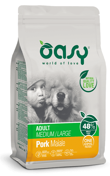 Oasy One Animal Protein – Adult Medium/Large al Maiale, cibo per cani con maiale come unica fonte proteica.