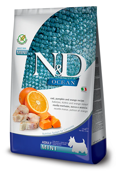 Farmina N&D Ocean Adult Mini Merluzzo, Zucca e Arancia 800 g – Grain Free per Cani Mini
