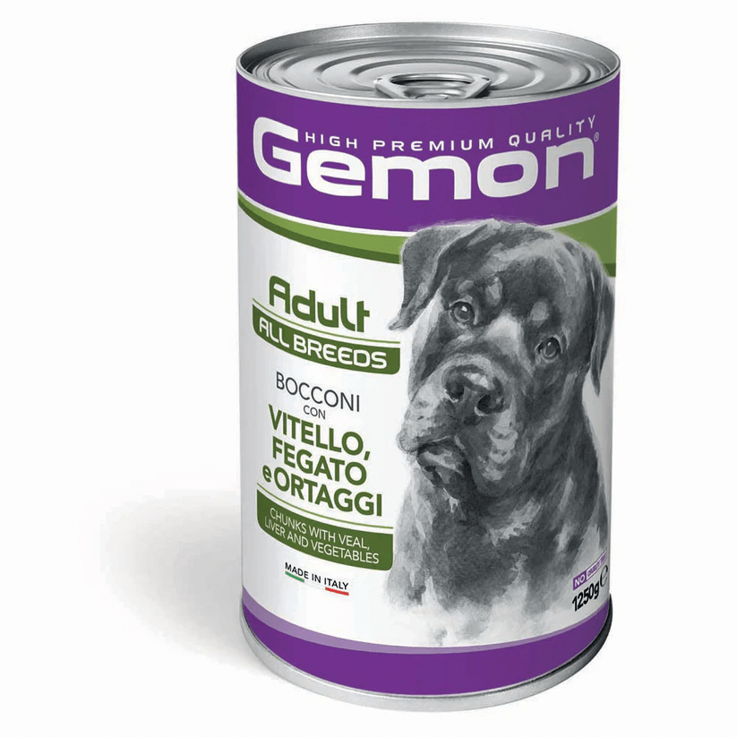 Cibo per cani adulti di taglia piccola Gemon Bocconi con Vitello, Fegato e Ortaggi in scatola da 1250 g