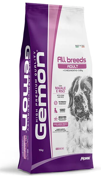 Cibo per cani adulti di taglia piccola Gemon con maiale e riso, sacchetto da 15kg.