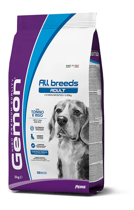Cibo per cani adulti di taglia piccola Gemon Tonno e Riso in confezione da 3 kg.