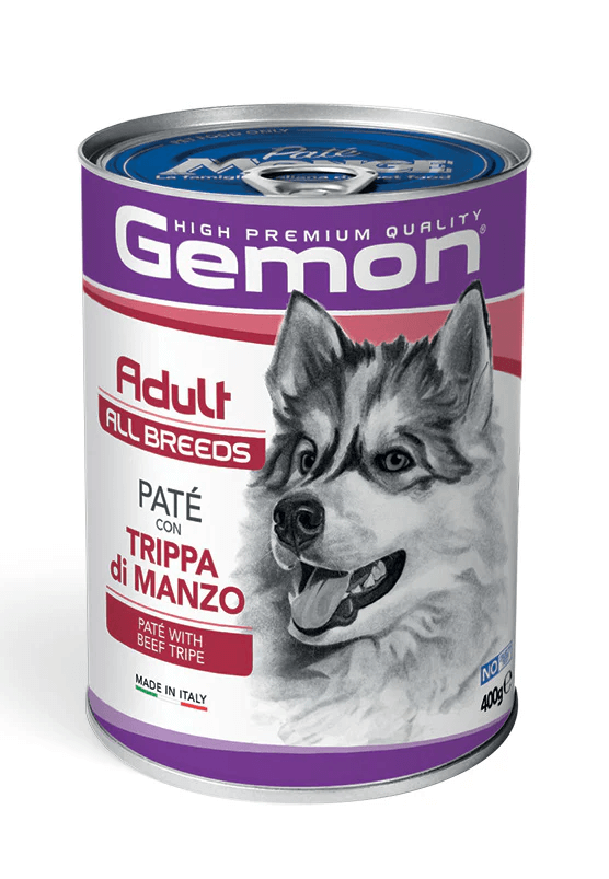 Cibo per cani adulti di taglia piccola – Gemon Paté con Trippa di Manzo 400 g, confezione in latta.