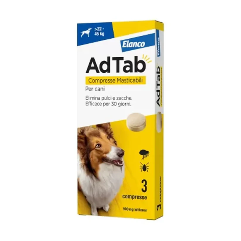 AdTab 900 mg per Cani chewable tablets for medium to large dogs, effective flea and tick protection
