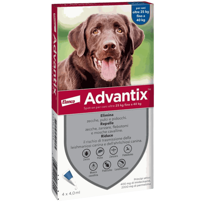 Advantix Spot-On antiparassitario per cani 25-40 kg con 4 pipette per protezione da pulci e zecche