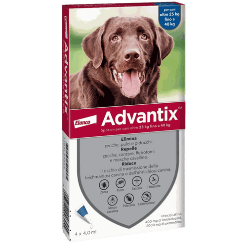 Advantix Spot-On antiparassitario per cani 25-40 kg con 4 pipette per protezione da pulci e zecche