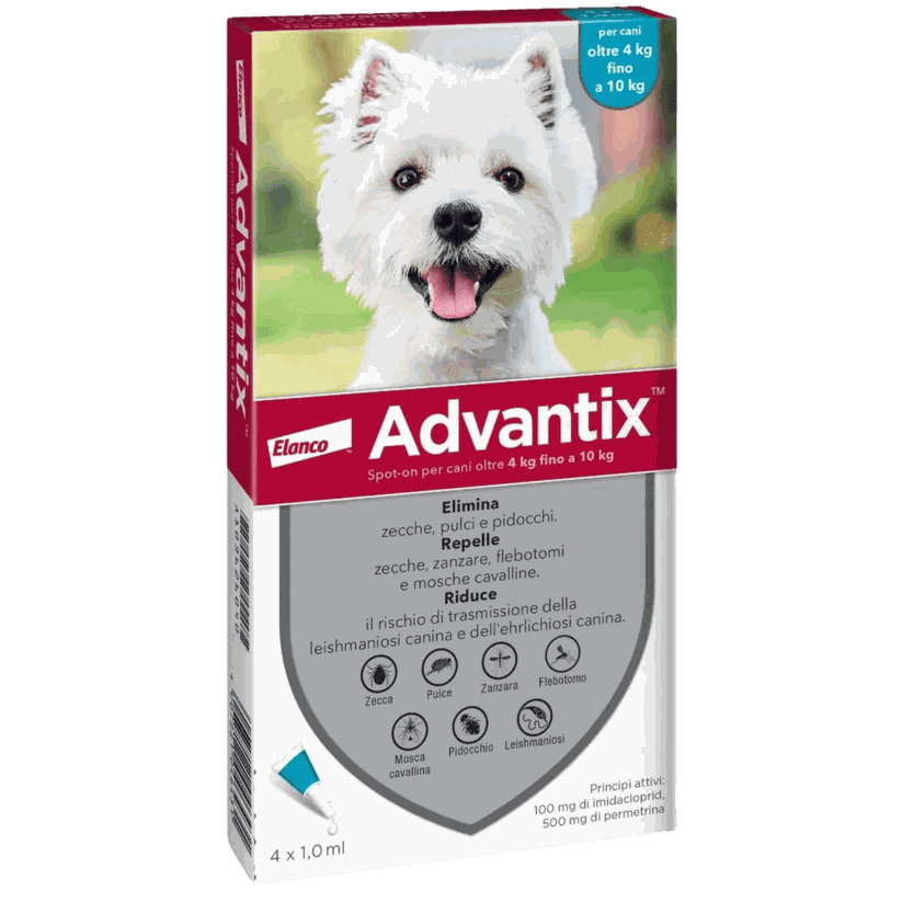Advantix Spot On antiparassitario per cani 4-10 kg con 4 pipette protezione contro pulci, zecche e zanzare