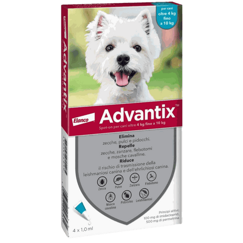 Advantix Spot On antiparassitario per cani 4-10 kg con 4 pipette protezione contro pulci, zecche e zanzare
