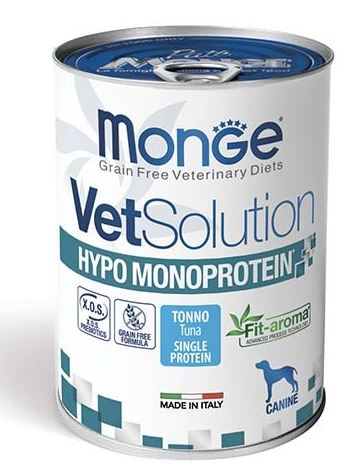 MONGE VETSOLUTION DOG HYPOALLERGENIC MONOPROTEIN TONNO 400 GR. can food for dietary needs in dogs.