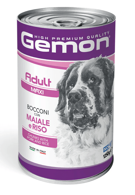 Cibo per cani adulti di taglia piccola Gemon con Maiale e Riso in scatola da 1250g.