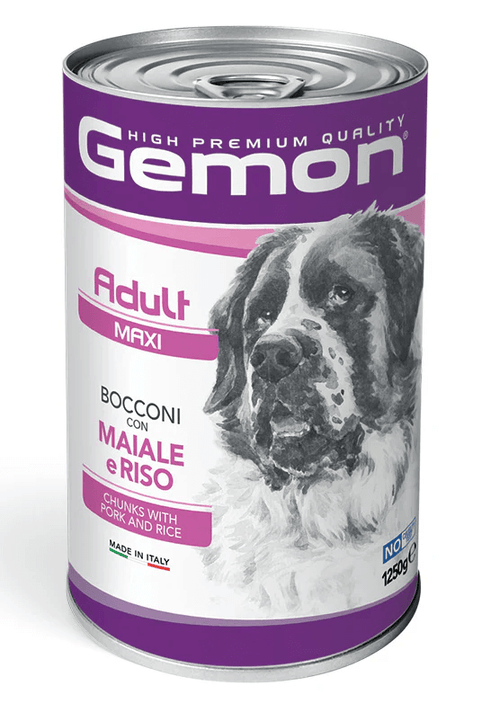Cibo per cani adulti di taglia piccola Gemon con Maiale e Riso in scatola da 1250g.