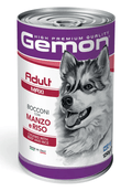 Cibo per cani adulti di taglia piccola Gemon Bocconi con Manzo e Riso 1250 g in lattina.