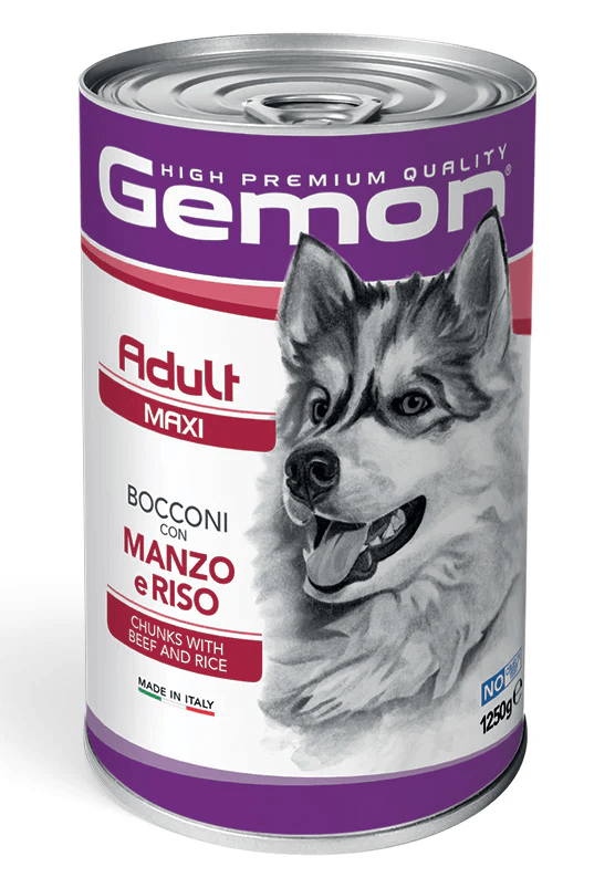 Cibo per cani adulti di taglia piccola Gemon Bocconi con Manzo e Riso 1250 g in lattina.