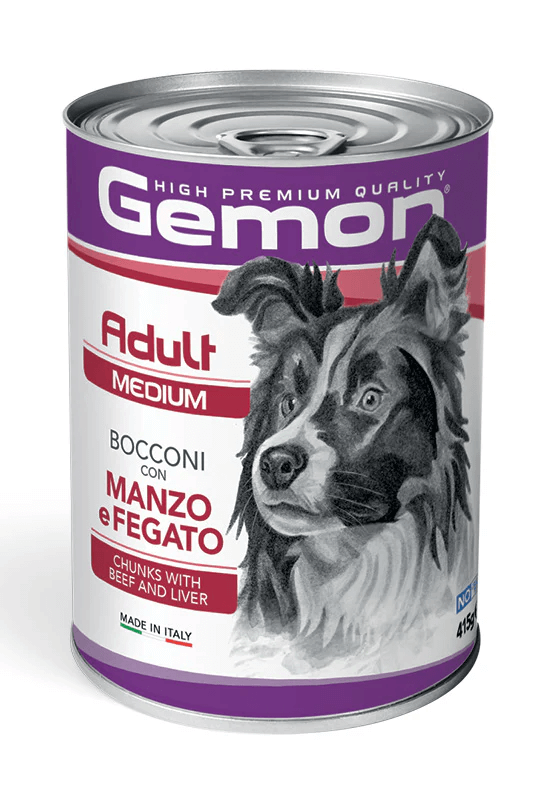 Cibo per cani adulti di taglia piccola Gemon manzo e fegato 415 g, alimento completo e bilanciato per cani.