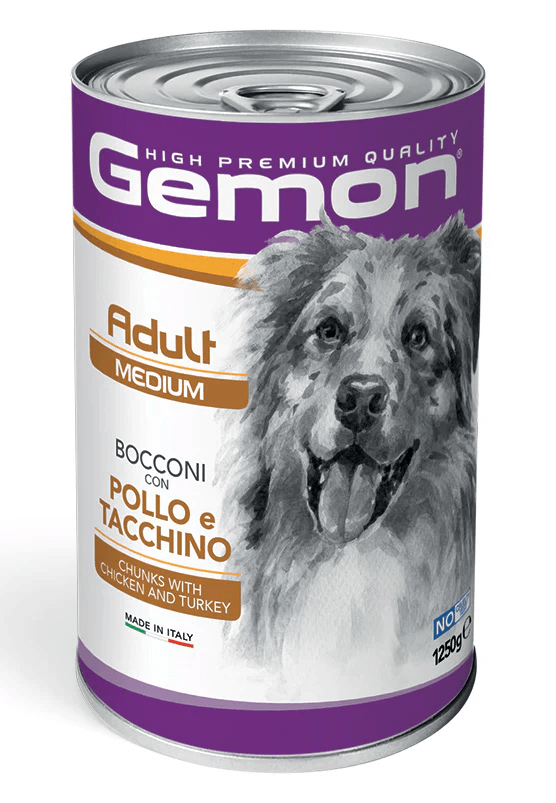 cibo per cani adulti di taglia piccola – Gemon Bocconi con Pollo e Tacchino 1250g in latta