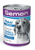 Cibo per cani adulti di taglia piccola Gemon Bocconi con Tonno e Salmone in lattina da 415g.
