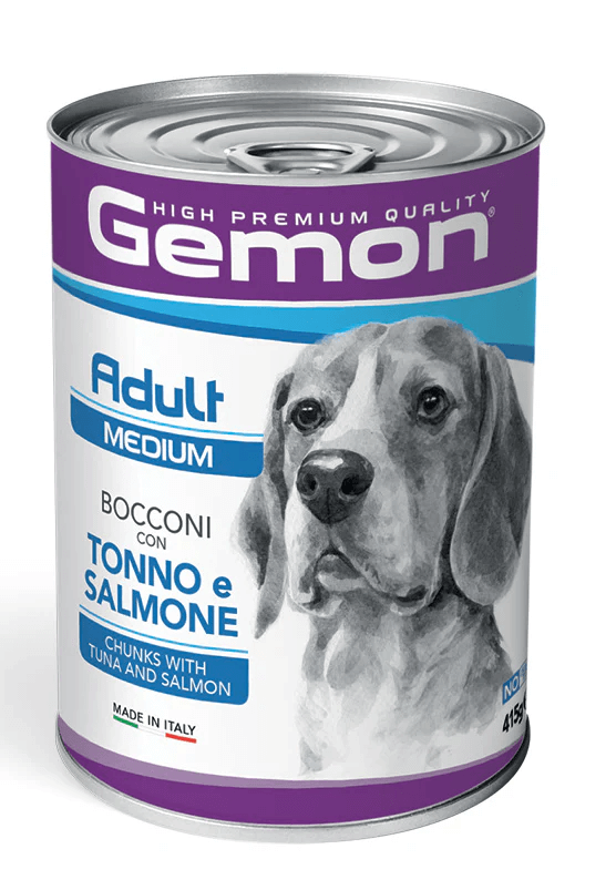 Cibo per cani adulti di taglia piccola Gemon Bocconi con Tonno e Salmone in lattina da 415g.