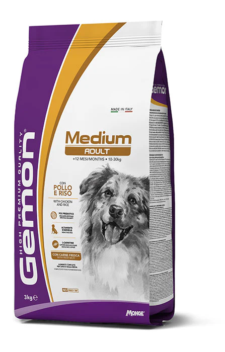 Cibo per cani adulti di taglia piccola Gemon con pollo e riso in confezione da 3 kg.
