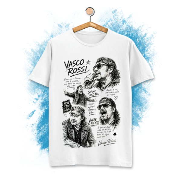 T-Shirt Con Stampa Vasco Rossi E Le Sue Frasi Più Famose - unisex bianca