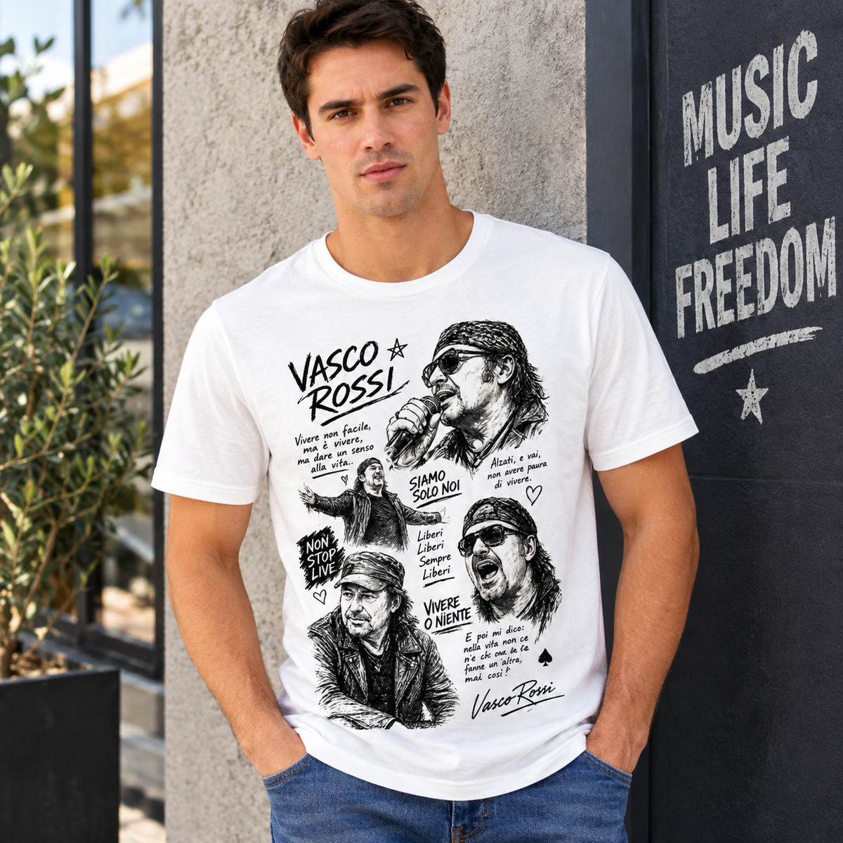 T-Shirt Con Stampa Vasco Rossi E Le Sue Frasi Più Famose - unisex bianca