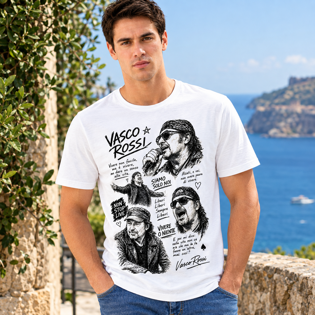 T-Shirt Con Stampa Vasco Rossi E Le Sue Frasi Più Famose - unisex bianca