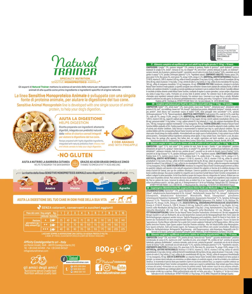 Natural Trainer Sensitive Monoproteico Coniglio 800g – Mini Small (1–10 kg)