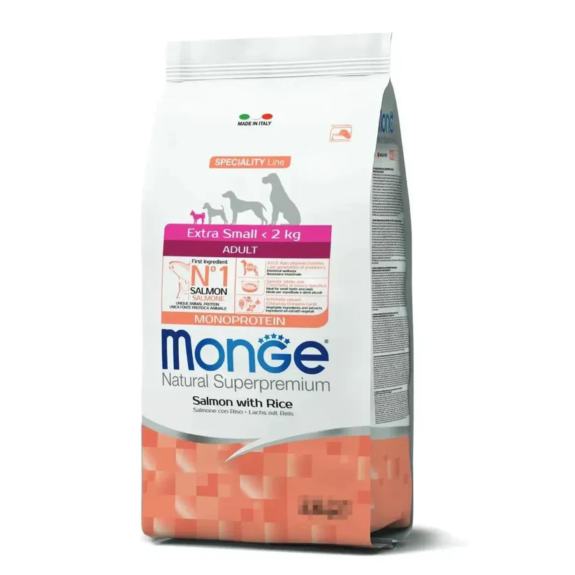 Monge Natural Superpremium Extra Small Adult Monoprotein Salmon with Rice dog food packaging