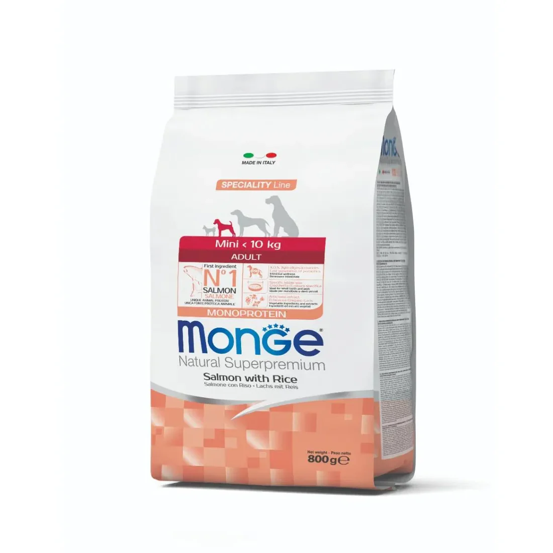 Monge Natural Superpremium Mini dog food with salmon and rice for small adult dogs