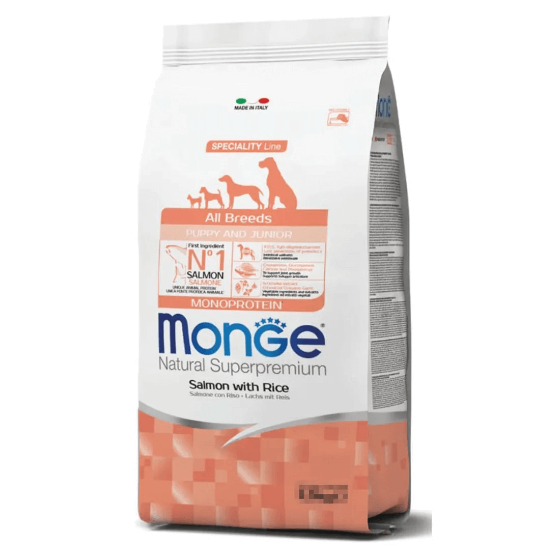 Monge Natural Superpremium all breeds puppy salmon rice dog food bag