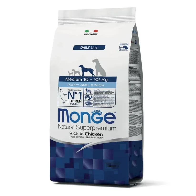 Monge Natural Superpremium Medium Puppy & Junior Ricco in Pollo dog food for medium breed puppies with fresh chicken and natural prebiotics