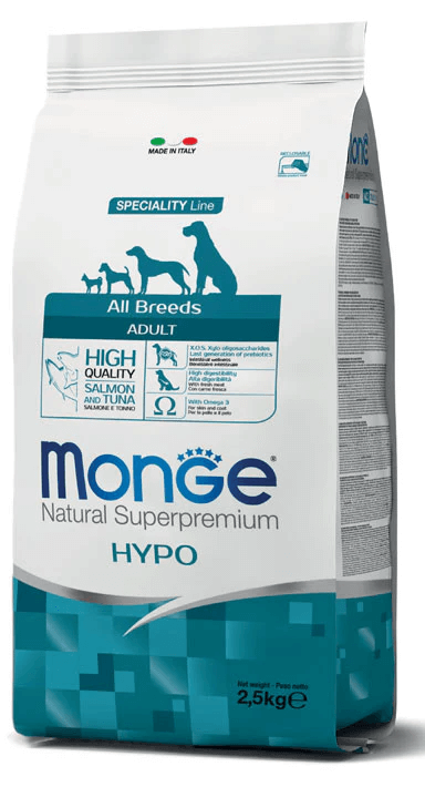 Monge Natural Superpremium dog food with salmon and tuna for all adult breeds, hypoallergenic and rich in Omega-3 and prebiotics.