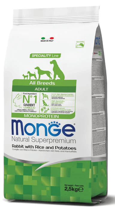 Monge Natural Superpremium All Breeds Adult Monoprotein Coniglio con Riso e Patate kg2.5-12 packaging image.