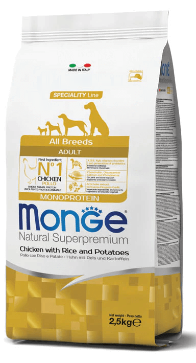 Confezione Monge Natural Superpremium cibo per cani adulti con pollo, riso e patate monoproteico