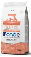 Monge Natural Superpremium all breeds adult dog food with salmon and rice, rich in omega-3 and omega-6, for sensitive digestion and healthy skin