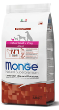 Monge Natural Superpremium Extra Small Adult dog food with lamb, rice, and potatoes for sensitive digestion and healthy skin