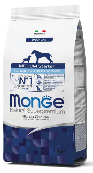 Scatola di Monge Natural Superpremium Medium Starter Ricco in Pollo da 1,5 kg per cani di taglia media in gravidanza e cuccioli