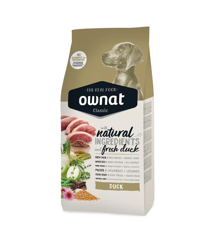 Crocchette Ownat Classic con anatra fresca per cani, ricetta naturale bilanciata e digeribile
