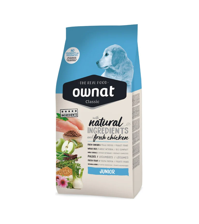 Ownat Classic Junior dog food with fresh chicken for puppy growth and development